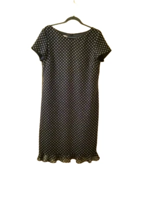 EVAN PICONE Dress Black Beige Polka Dot Sz 12 Lined Ruffle Hem Cap Sleeves - Image 1 of 4