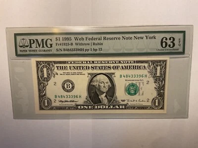 $1 1995 Web Federal Reserve Note New York pmg63 Choice Uncirculated fr#1923-b - Image 1 of 2