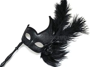 Black Masquerade Ball stick Mask Pair Ostrich Feather Costume New Year Party - Picture 1 of 16