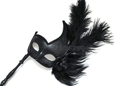 Black Masquerade Ball stick Mask Pair Ostrich Feather Costume New Year Party - Image 1 of 4