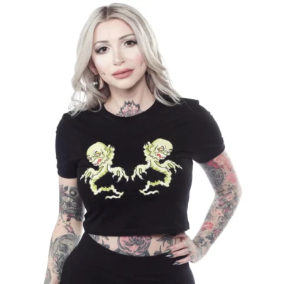 Sourpuss Twin Ghouls Crop Top Rockabilly Gothic Pin Up Retro Tattoo Derby — 第 1/4 张图片