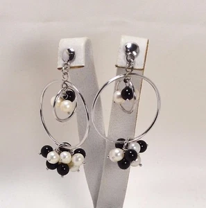 ORECCHINI IN ARGENTO 925 A CERCHIO CON ONICE E PERLE D'ACQUA DOLCE AGHT 0514 - Foto 1 di 3