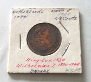 1894 NETHERLANDS DUTCH WILHELMINA I BRONZE 2 1/2 CENT REEDED ROUND COIN - Picture 1 of 4