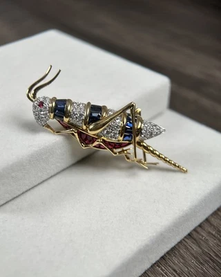 蒂芙尼斯伦贝谢 18k 金钻石,蓝宝石,红宝石蚱蜢胸针 — 第 1/4 张图片