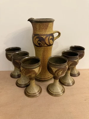 Vintage Stoneware Ceramic Jug And Goblet Set Handcrafted Heavyweight Pottery - Image 1 of 4