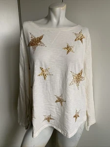 Talbots Gr. XL elfenbein Langarm Pailletten Sterne T-Shirt U-Boot Ausschnitt - Bild 1 von 5