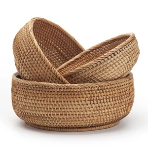 Round Rattan Fruit Baskets Woven Storage Bowls Key Holder Stackable for Shelf... - Picture 1 of 8