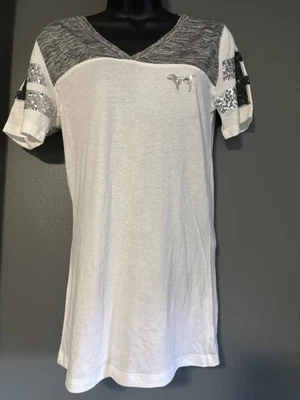 Pink by Victorias Secret Gray and White Sequin Short Sleeved Tshirt Size Medium - Image 1 of 4