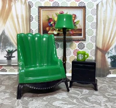 SILLA, MESA, LÁMPARA Plasco para dama muebles vintage para casa de muñecas Renwal plástico 1:16 Foto 1 de 4