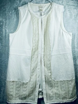 Chaleco Chico's Mujer Talla 3 Blanco Sin Mangas Encaje Crochet Flecos Dobladillo Exterior Nuevo sin Etiquetas Foto 1 de 4