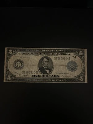 1914 $5 Federal Reserve Note Large Bill Blue Seal Chicago Illinois - Image 1 of 4