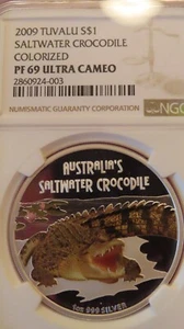 2009 TUVALU AUSTRALIA SALT WATER CROCODILE 1 OZ SILVER   COIN NGC PR69 - Picture 1 of 12