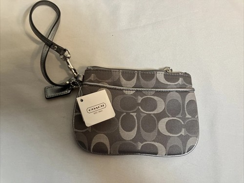 Portafoglio COACH Polso grigio nero a grana incrociata firma tela ad angolo cerniera F58035