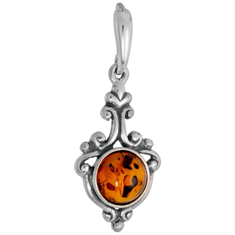 925 Sterling Silver Scroll Bezel 8mm Cabochon Baltic Amber Drop Pendant 1" Long - Image 1 of 1