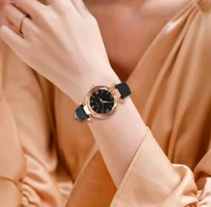 💟 NEW Rose Gold Galaxy Womens Fashion Watch Black Faux Leather Band Ladies Gift - Picture 1 of 11