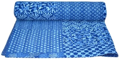 Edredón Kantha reversible indio retazos azul manta doble arte Foto 1 de 4