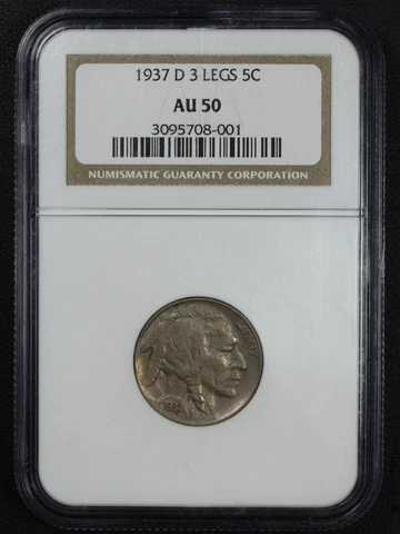 1937 D Three Legged 3 Legs Buffalo Nickel Almost Uncirculated NGC AU 50 Cover
