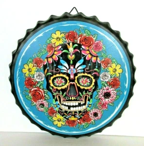 Day of the Dead Sugar Skull Halloween Bottle Cap Round Metal Wall Decor 13" - Picture 1 of 5