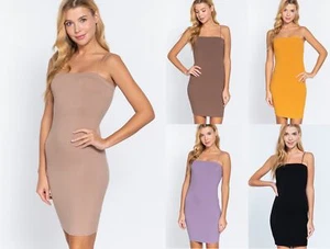 Women Straight Neck Cami Elastic String Rib Mini Dress Sleeveless Soft Tank Top - Picture 1 of 27