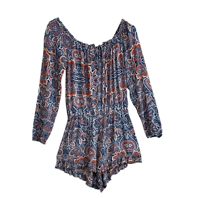 Romper Aeropostale Shorts Feminino Fora do Ombro Tamanho Pequeno Azul Laranja Estampa Paisley - Imagem 1 de 4