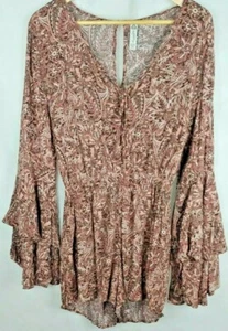 American Rag Juniors Rumper Brown Womens Floral Trumpet Sleeves Small  - Picture 1 of 12