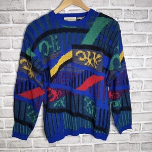 Vintage 80s 90s Funky Fun Bright Hip Hop Colorful Geometric Crewneck Sweater - Picture 1 of 5
