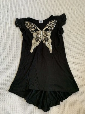 Sequin Butterfly Young Girls Black Stretchy Shirt For 7-8 Year Olds - Image 1 of 4