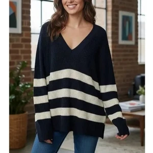 FAHERTY Miramar Leinen Rundhals Pullover Navy Streifen V-Ausschnitt Gr. Medium - Bild 1 von 6
