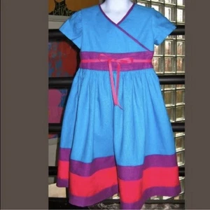 NEW GIRLS OOAK HANDMADE 100% LINEN COLORBLOCK DRESS TURQUOISE BLUE PURPLE SIZE 4 - Picture 1 of 5