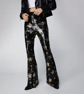 Nasty Gal Star Pailletten Schlaghose schwarz gold weites Bein Hose hoher Bund Gr. 10 neu - Bild 1 von 14