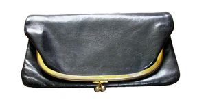 Leder Schwarz Clutch Handtasche Kiss Lock Gold Rahmen Verschluss Reißverschluss Vintage - Bild 1 von 7
