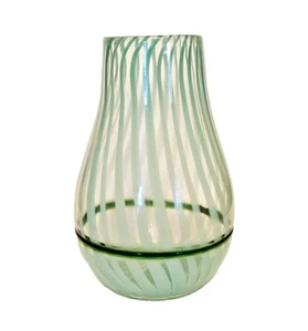 Anthropologie Hand Blown Art Glass Green Teal Striped Vase Large 7" x 9" - Picture 1 of 7