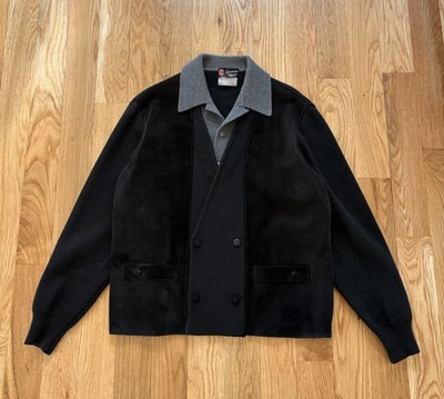 Cárdigan Damon Vintage Años 60 Hecho en Italia Lana Cuero Negro Doble Pecho M Foto 1 de 4