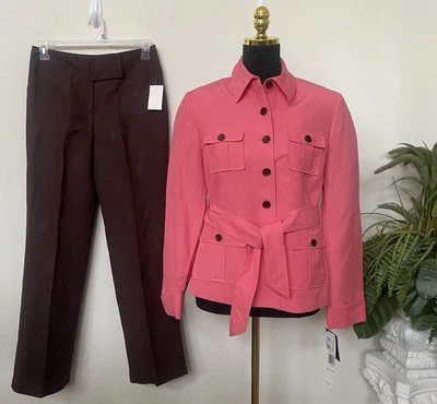 Nuevo con etiquetas Traje Pantalón Larry Levine Estilo Militar Lino Coral Marrón 2 Piezas Talla 6 Foto 1 de 4