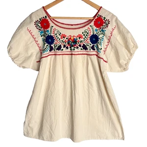 Top de algodón tradicional bordado a mano campesino mexicano manga abullonada para mujer XL - Imagen 1 de 16