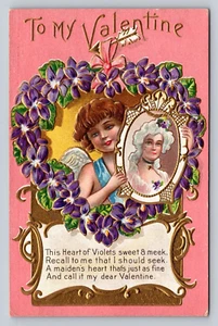 Antique Gilded Postcard Cupid Victorian Valentine Lady Portrait Heart of Violets - Picture 1 of 2