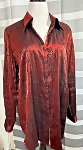 Venezia Jeans Women's Burgundy Top Shimmer Embossed Black Floral Size Lg 14/16 - Picture 1 of 14