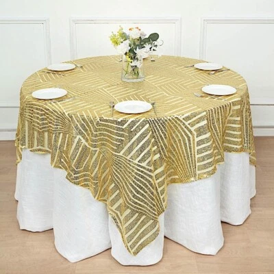 72"x72" GOLD Tulle Square TABLE OVERLAY Sequins Geometric Pattern Party Events - Image 1 of 4