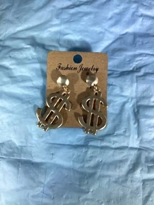 Gold Tone US Dollar Money $ Sign Drop Post Earrings - Picture 1 of 1