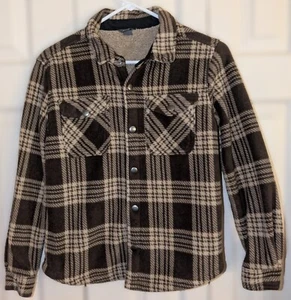 Eddie Bauer Sherpa Lined Shirt Jacket Snap Front Brown Plaid – Kid’s Size 10/12 - Picture 1 of 12