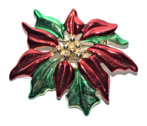 Vintage Gerry's Poinsettia Brooch Christmas Pin Gold Tone Red Green Enamel - Picture 1 of 5