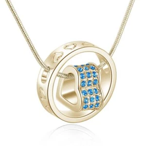 Gold Heart Shape Double Pendant Necklace Crystal Heart & Circle Wedding Jewelry - Picture 1 of 6