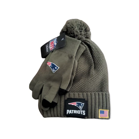 New England Patriots NFL STS Ribbed Cuffed Pom Knit Skull Cap Gloves Set Olive Cover