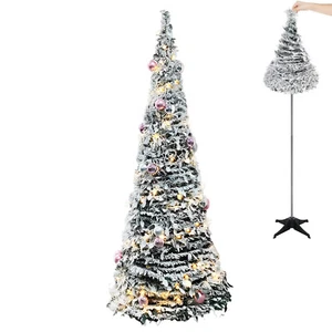 6FT Pre-Lit Flocked Fully Decorated Pull Up Christmas Tree Collapsible Xmas Tree - Picture 1 of 13
