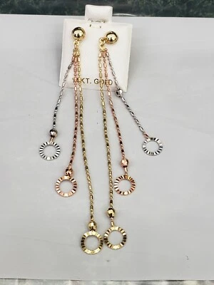 Pendientes colgantes circulares de oro amarillo, blanco y rosa de 14k Foto 1 de 3