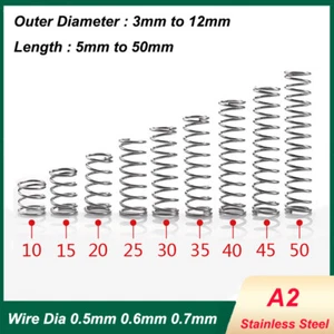10 piezas diapositivas de alambre de resortes de compresión 0,5/0,6/0,7 mm OD 3 mm-12 mm A2 acero inoxidable - Imagen 1 de 4
