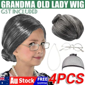 4Pcs Grandma Old Lady Costume Set Granny Wig Adult Kids The 100 Days Of School - Picture 1 of 17
