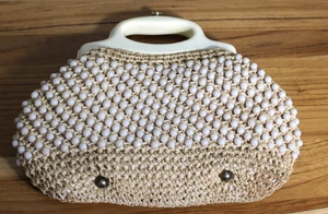 Bolso de mano italiano Marcus Brothers of Miami tejido rafia y cuentas blancas - Imagen 1 de 7