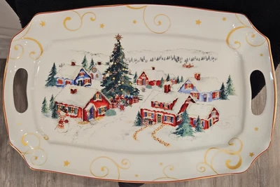 Williams Sonoma Twas the Night 19" Platter Snowy Village Handles New RARE - Image 1 of 4
