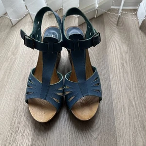 Office Girl French Navy Leather Wedge Sandals Size 40 - Picture 1 of 5